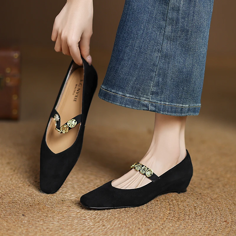 羊反皮/3公分 绒面真皮单鞋女 方头粗跟内增高玛丽珍鞋舒适坡跟鞋