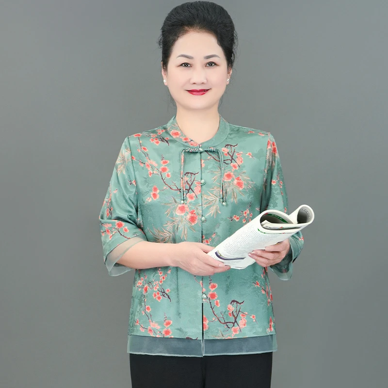 中年妈妈装国风七分袖新中式时尚大码衬衣