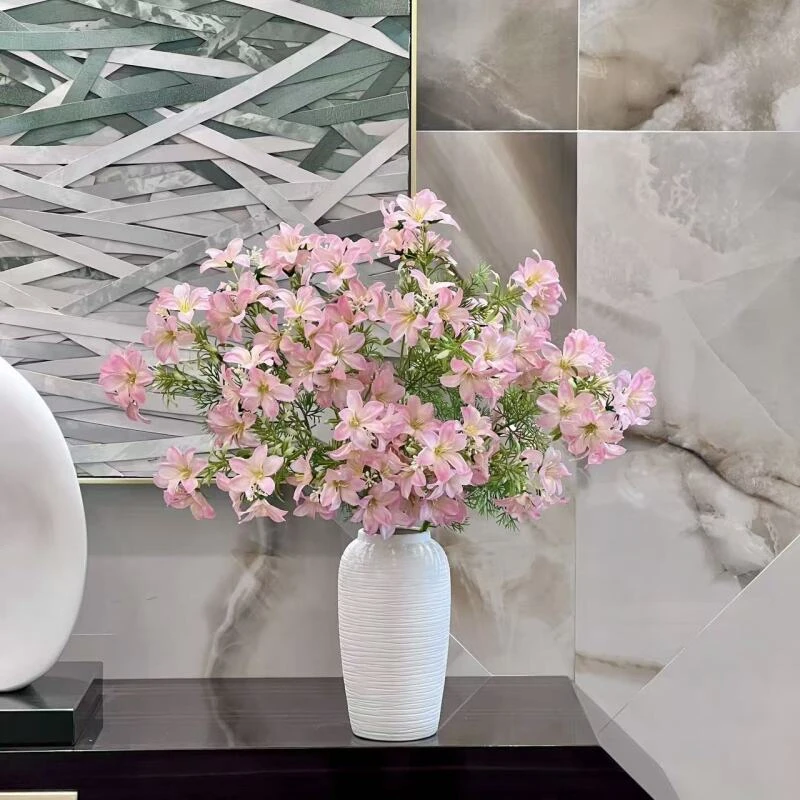 甜梦 樱花粉色多头小百合仿真花花束家居餐桌客厅装饰摆件