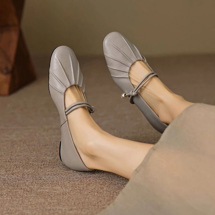 法式复古褶皱小羊皮一字带玛丽珍小皮鞋百搭圆头内增高浅口单鞋女