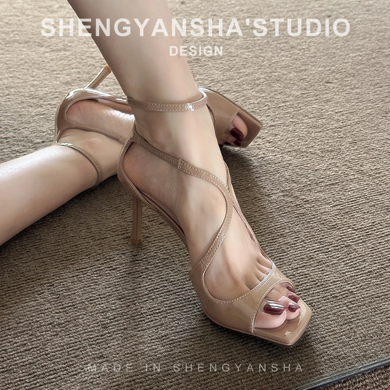 新款法式交叉带凉鞋女细跟夏季裸色高跟鞋超火性感御姐高跟鞋裸色