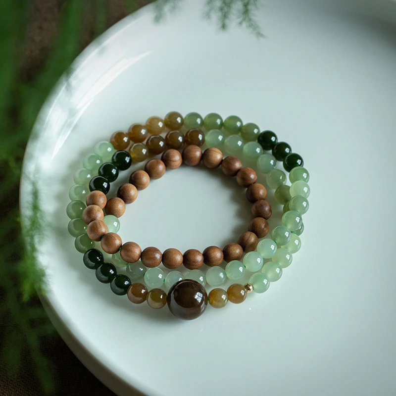 一兴天然和田玉手链女款檀香木新矿粉青和田玉手镯