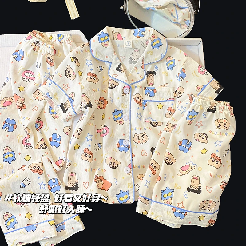 卡通蜡笔小新儿童睡衣薄款夏季2026新款甜美短袖女童家居服三件套