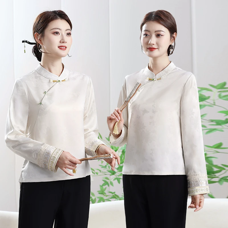 新中式长袖小衫春秋款常规休闲风中年衬衫国风女装薄雾少女风T恤