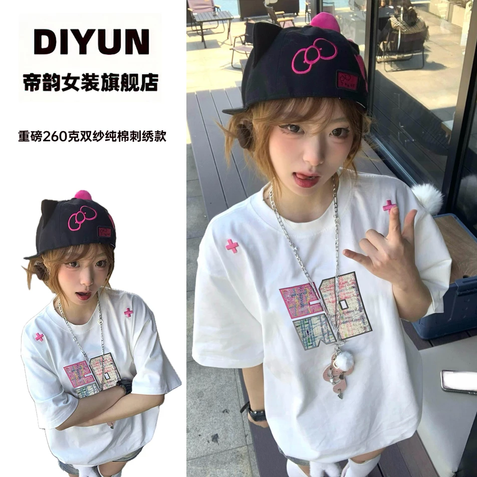 【帝韵】夏天穿搭新款贴布刺绣美式复古夏季宽松休闲百搭短袖t恤女