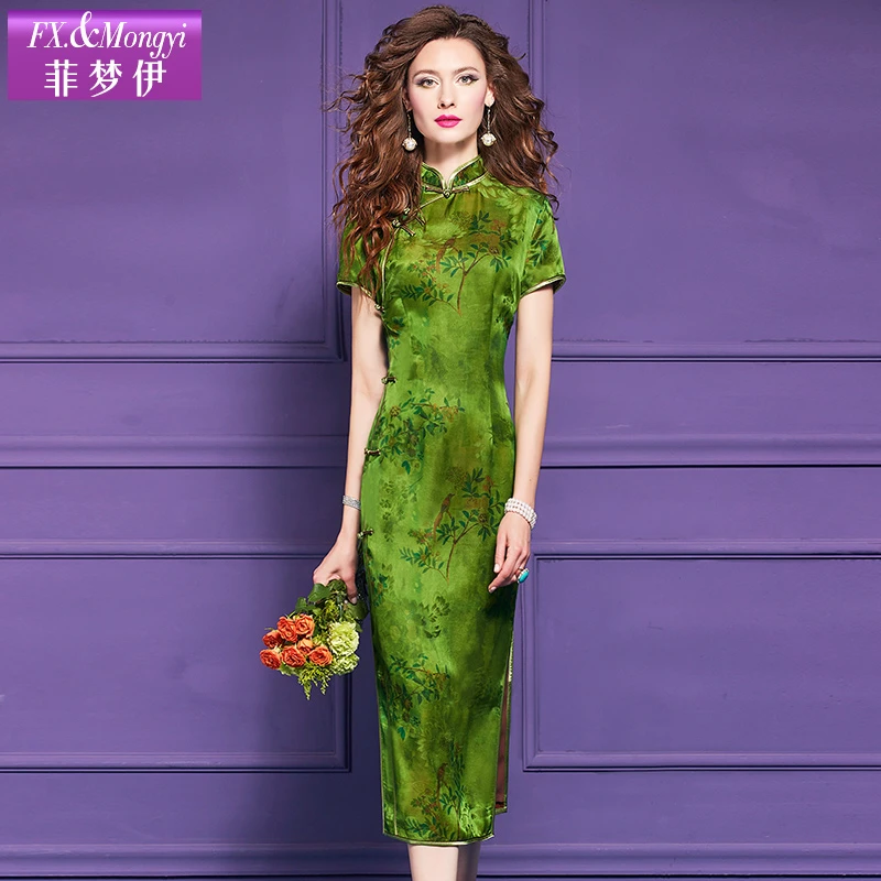 菲梦伊原创100桑蚕丝新中式连衣裙女夏装国风高端真丝旗袍裙64428