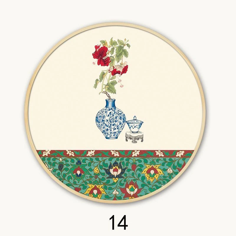 中国风玄关装饰画圆形客厅古风挂画新中式餐厅荷花卧室背景墙壁画