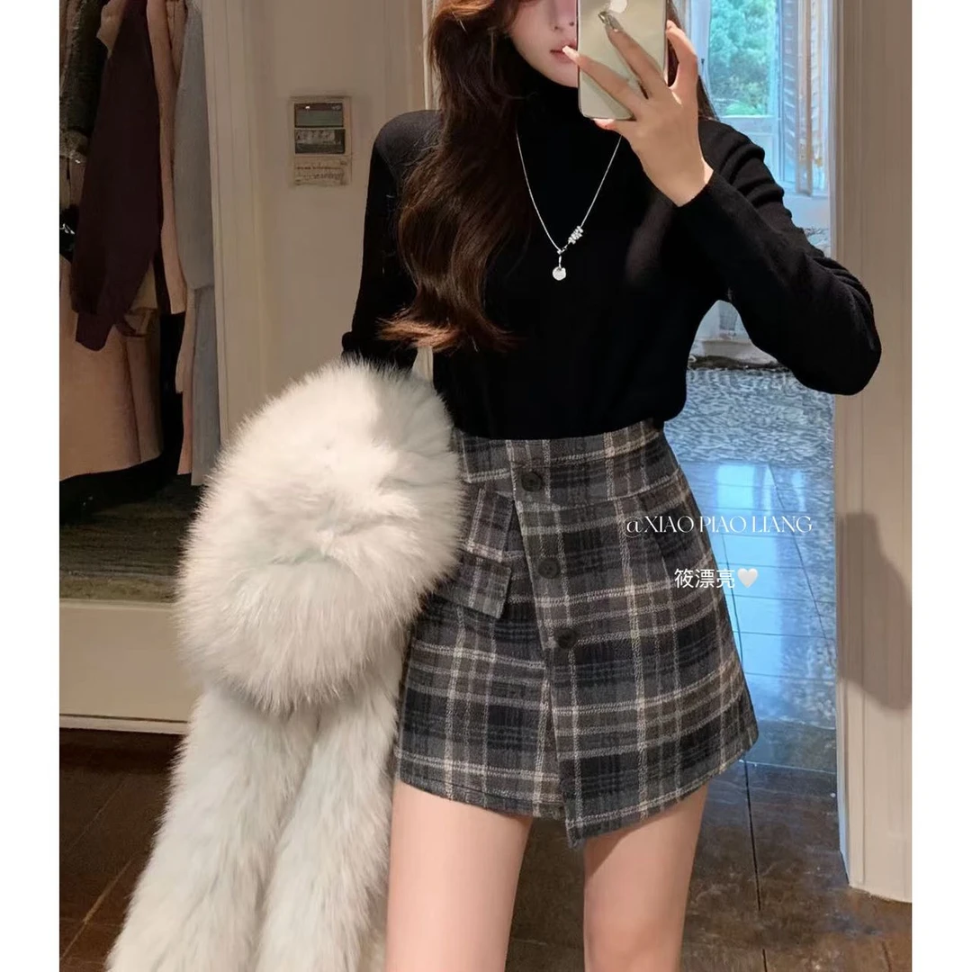 时尚通勤复古不规则撞色设计感学院风防走光半身裙女9352-1#0.1qq