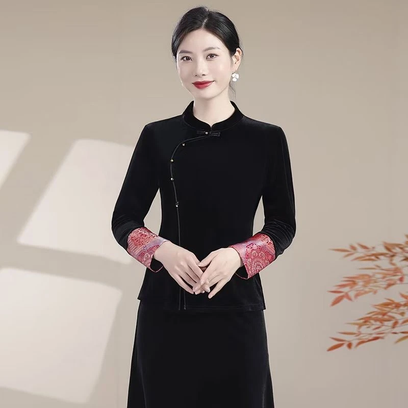 【晚翎】2025新款秋季薄款新中式上衣女立领拼色高级感丝绒长袖衬衫