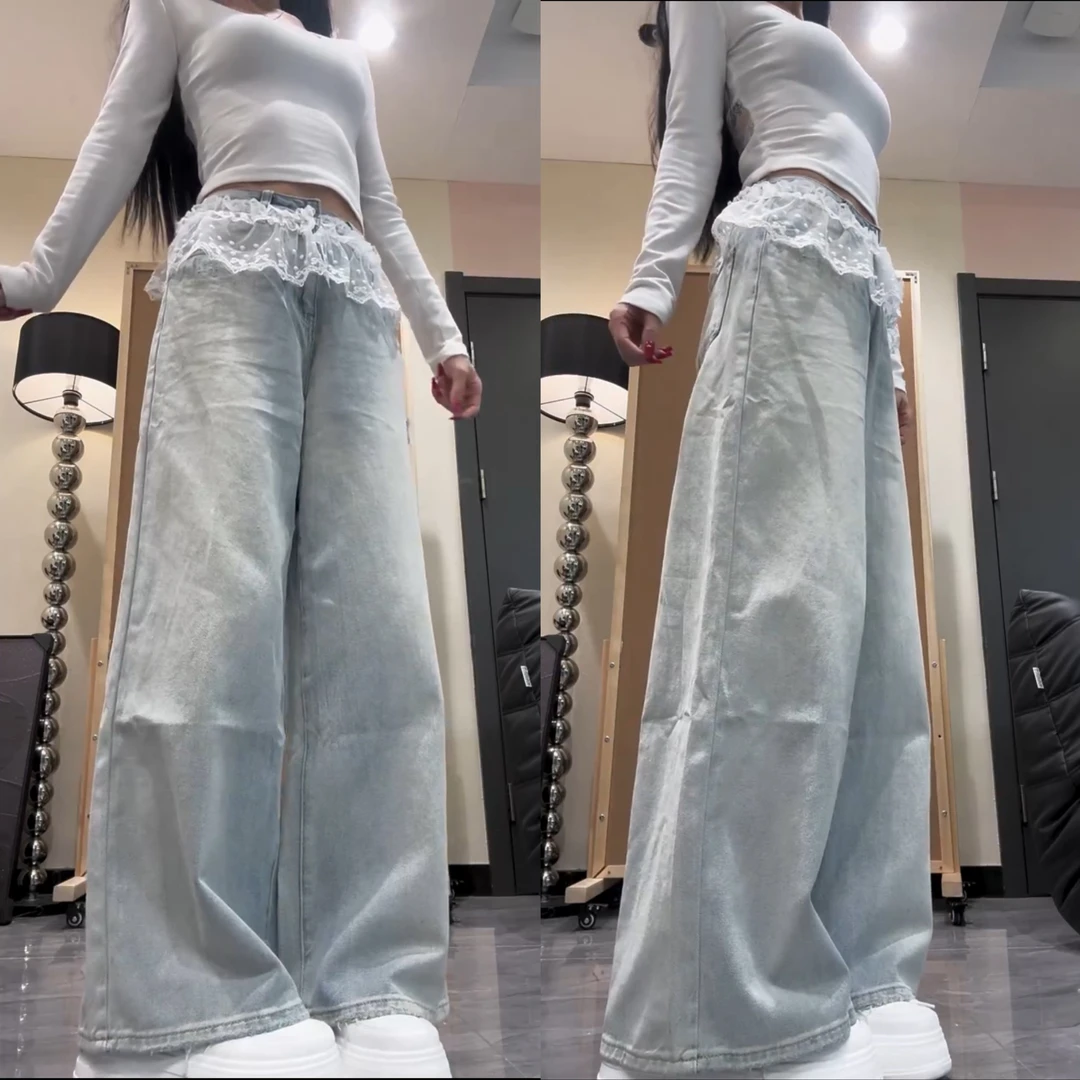 春季新款胖妹妹高腰显瘦身弹力阔腿裤蕾丝拖地牛仔裤