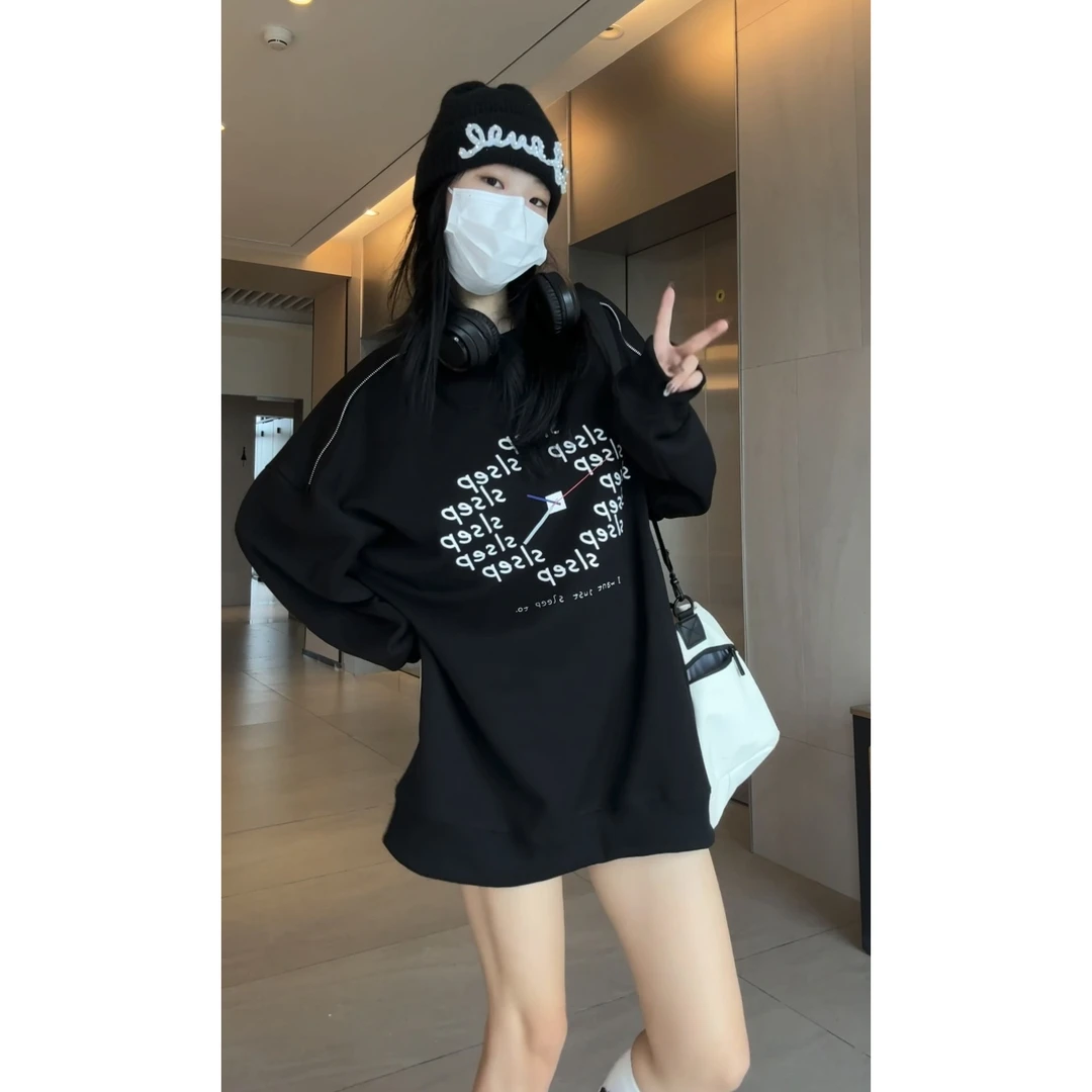 潮牌大版美式圆领卫衣女拉链装饰宽松慵懒风中长款遮屁股洋气上衣