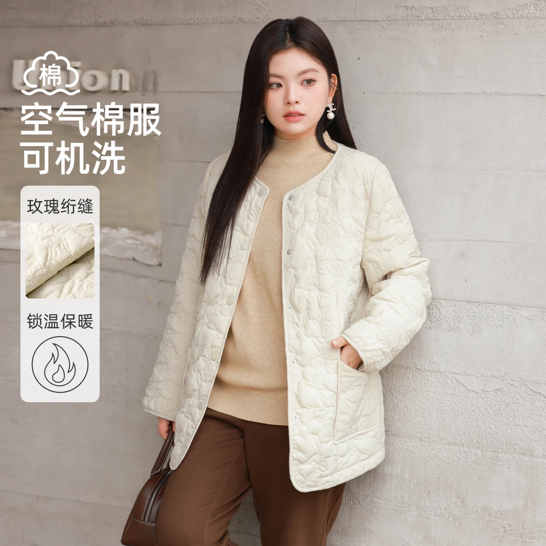 【玫瑰绗缝精致棉衣】MsShe大码女装新冬绣花圆领外套A~Q2412015