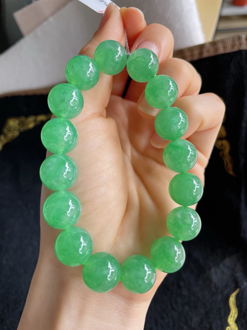 天然翡翠A货冰种满绿满色甜阳绿圆珠手串手链卡12.5mm-2640收藏品