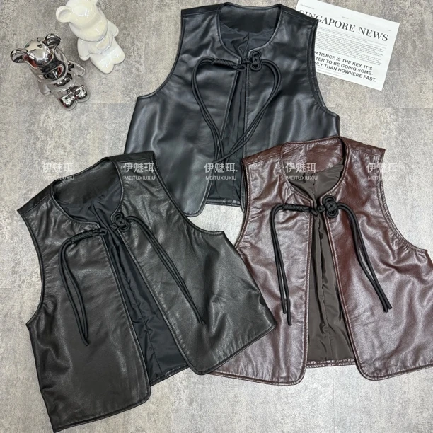 倪妮同款真皮绵羊皮和牛皮油蜡马甲背心女新中式国风盘扣气质百搭