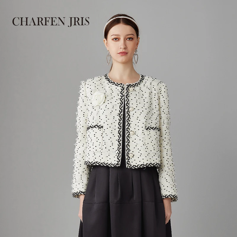 CHARFEN朝峰复古时尚黑白点法式小香风气质短外套CFF1B917-9018A
