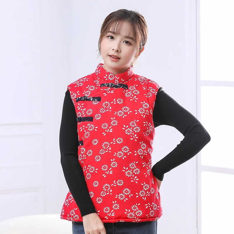 民族风马甲丝绵加厚保暖棉坎肩盘扣立领国风马夹春秋季背心坎肩