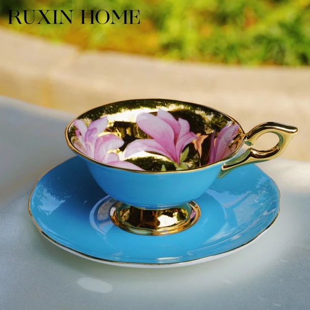 自然写生·丹顿系列手绘玉兰/蓝色釉骨瓷咖啡杯