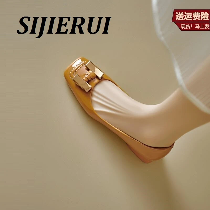 SIJIERUI法式方头金属扣粗跟单鞋女2025新款浅口温柔配裙子晚晚鞋
