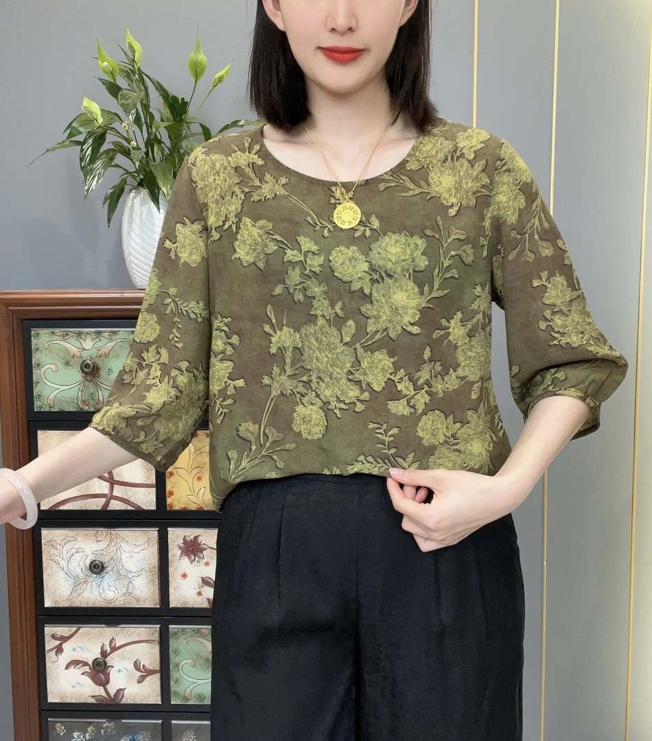 秋香绿2025夏季新款圆领半袖轻奢高定中老年妈妈装女士上衣小衫