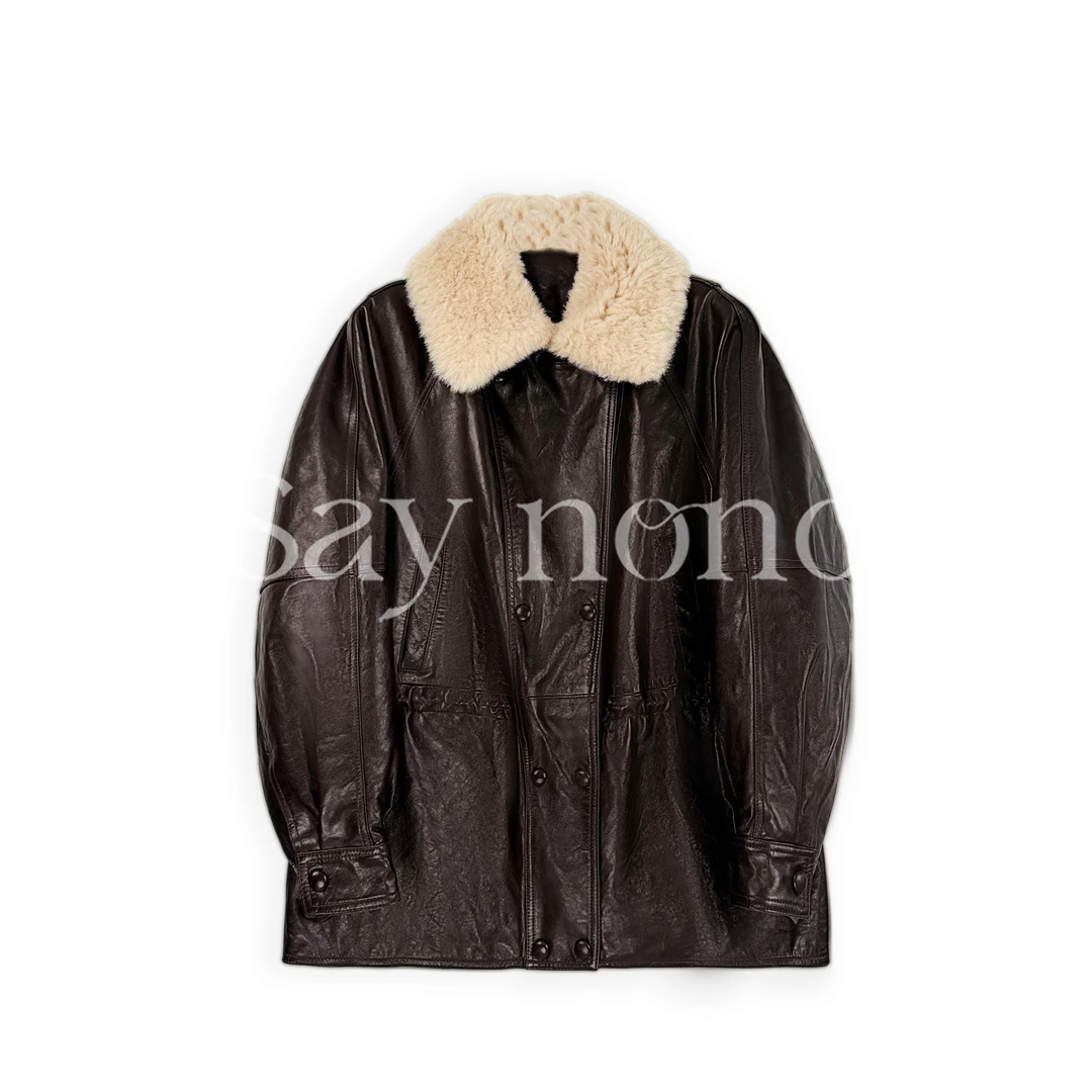 懒猫nono│Saynono 时尚复古双排扣绵羊皮白鹅绒保暖外套GN11021AY