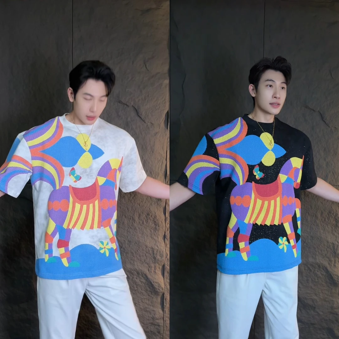 情侣宽松时尚百搭小马印花设计高品质圆领短袖潮流简约轻奢痞帅