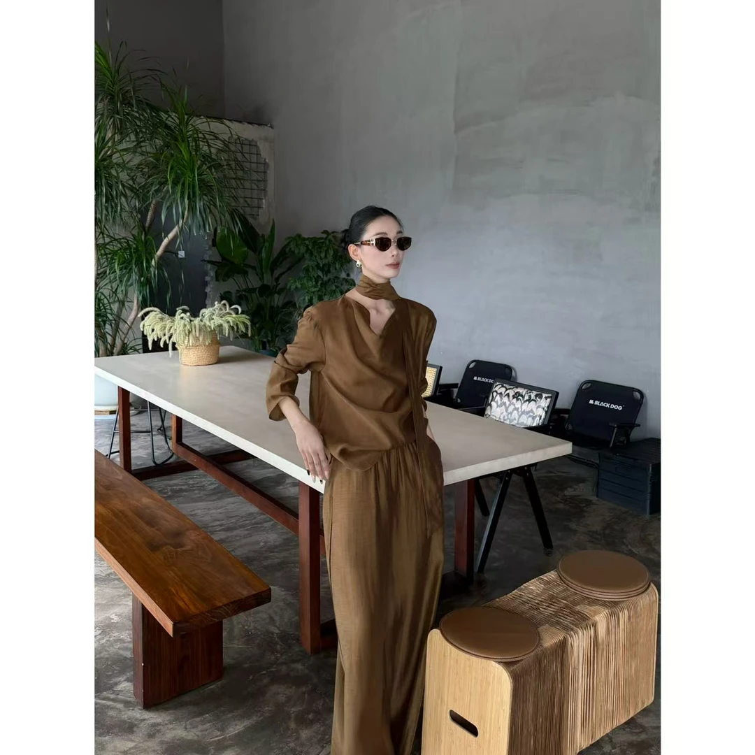 FIINAL《琉光》立裁荡领口宽松系带上衣+阔腿裤套装