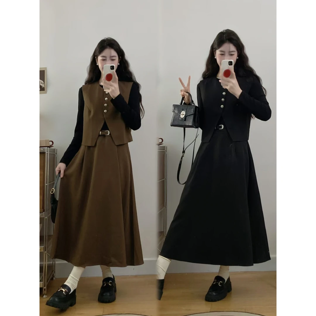 大码女装新款 时尚套装高级感马甲背心长袖连衣裙套装裙