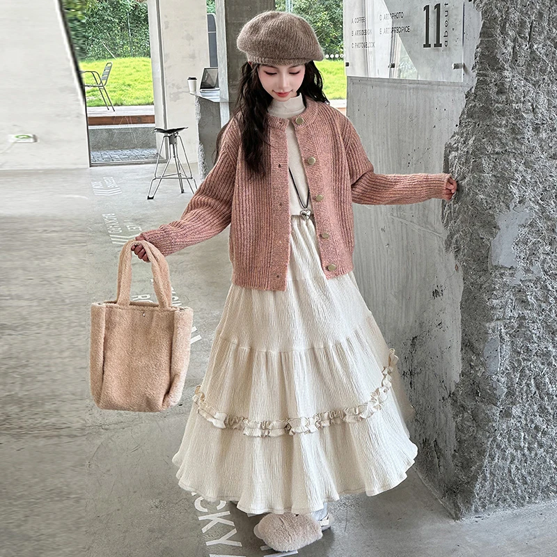 女童冬季毛衣开衫外套打底衫套装女大童冬装丝绒裙半身裙三件套