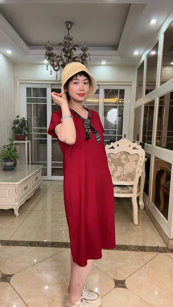 夏季新款纯色拼接透气V领休闲时尚丝巾上衣显瘦高腰中长款连衣裙