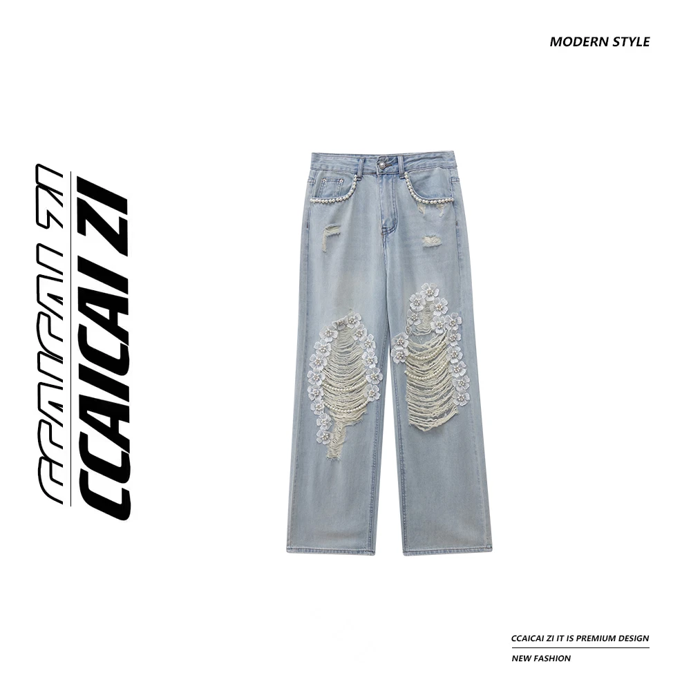 [no退no换]【花漾甜心】重工钉珠小花破洞牛仔裤2159-1