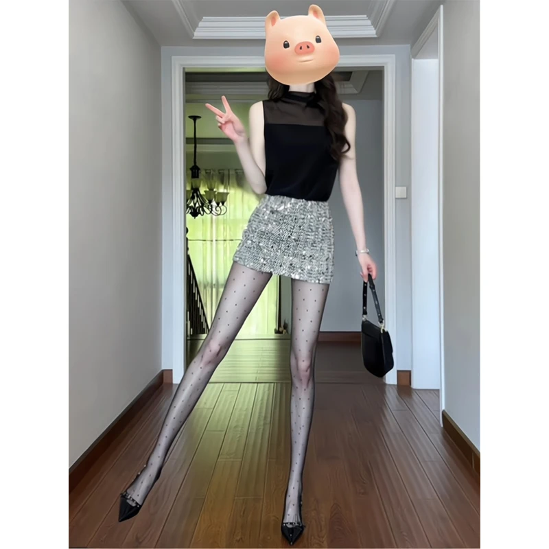 背心吊带无袖上衣网纱蕾丝打底衫t恤银色亮片闪闪半身裙包臀裙女