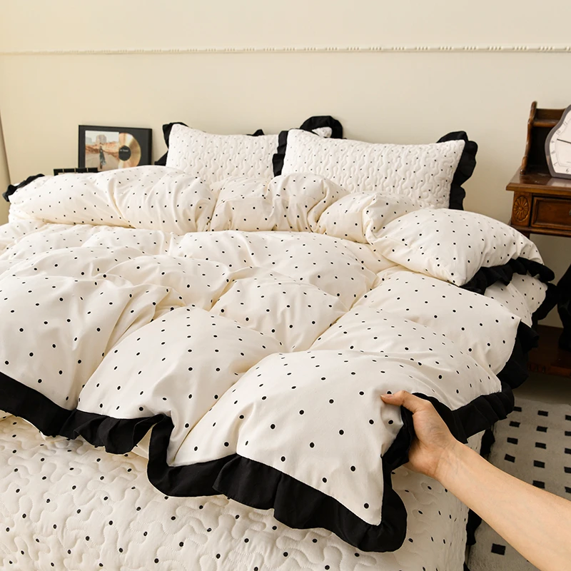 2025直播爆款赫本风床盖四件套软糯水洗棉印花花边床盖床裙三件套