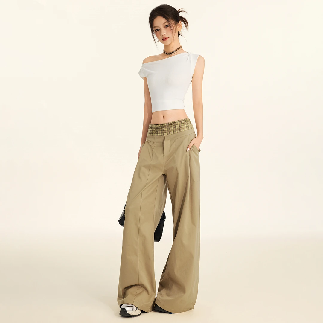 180高个子175加长美式卡其色拼接格纹休闲裤设计感慵懒宽松阔腿裤