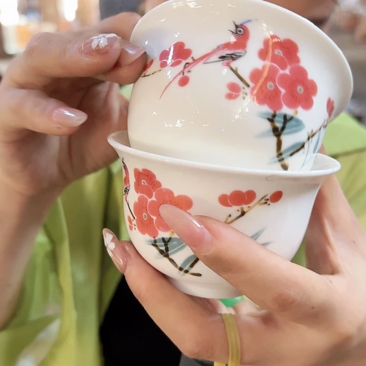 摆件景德镇高温陶瓷一对翠竹红梅