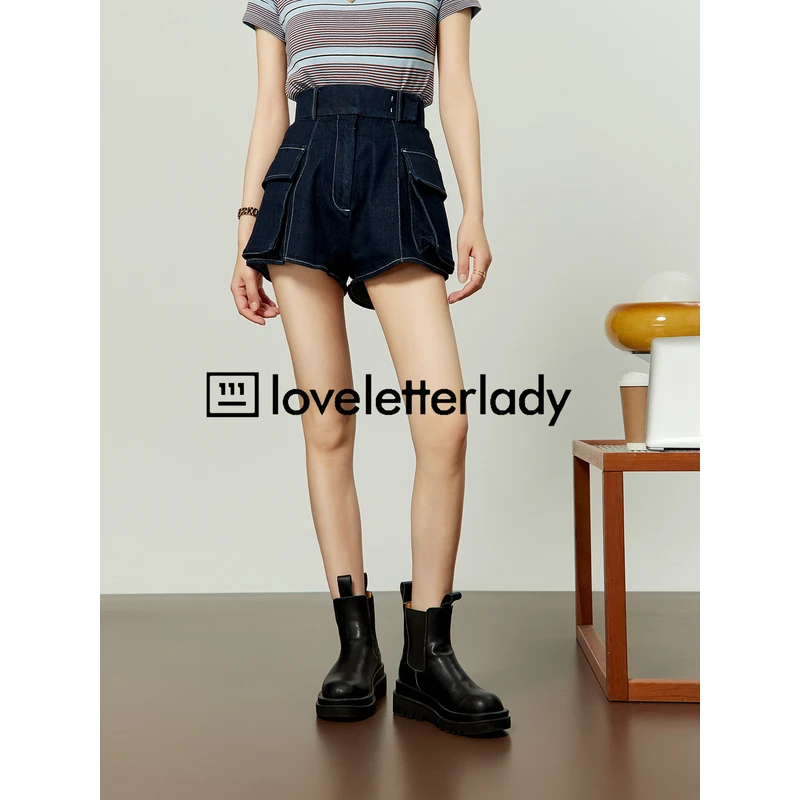 周里物/牛仔蓝短裤女2025新款夏季高腰A字显瘦口袋工装设计感裤子