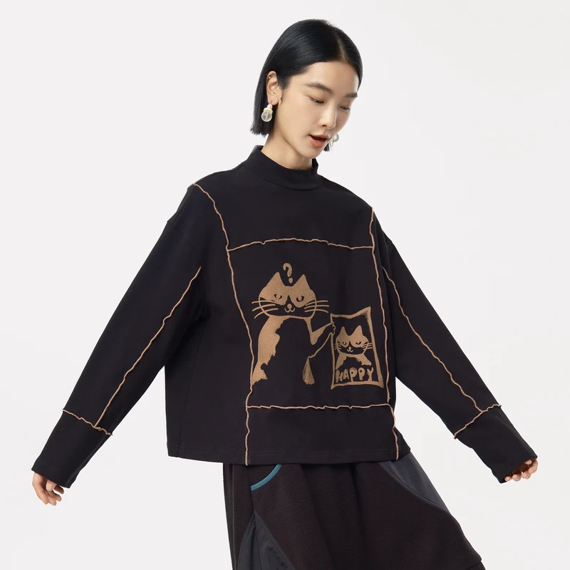 MOVEUP幻走2024秋季新款.FUN 小立领趣味印花短款T恤女324410557