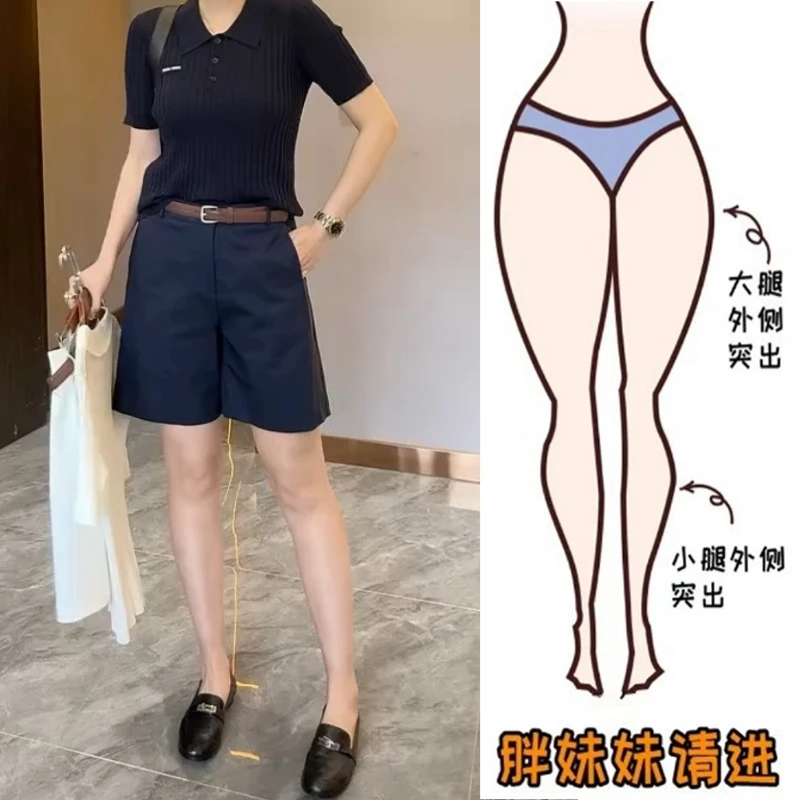 Aimeerosa/艾洛莎2025夏季薄款时尚西装短裤女高腰显瘦五分阔腿裤