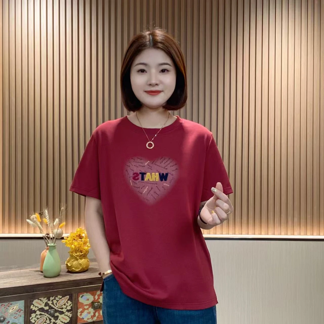 【夏款短袖】2025新款重工刺绣字母whats爱心印花T恤百搭时尚X26198