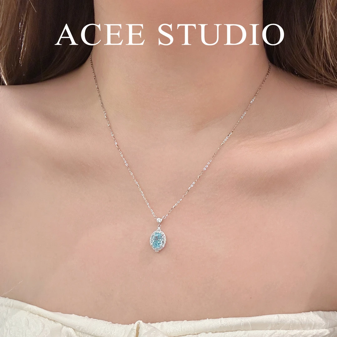 坠链均925银合成锆石 ACEE设计蓝色冰切钻项链女款设计感锁骨链礼