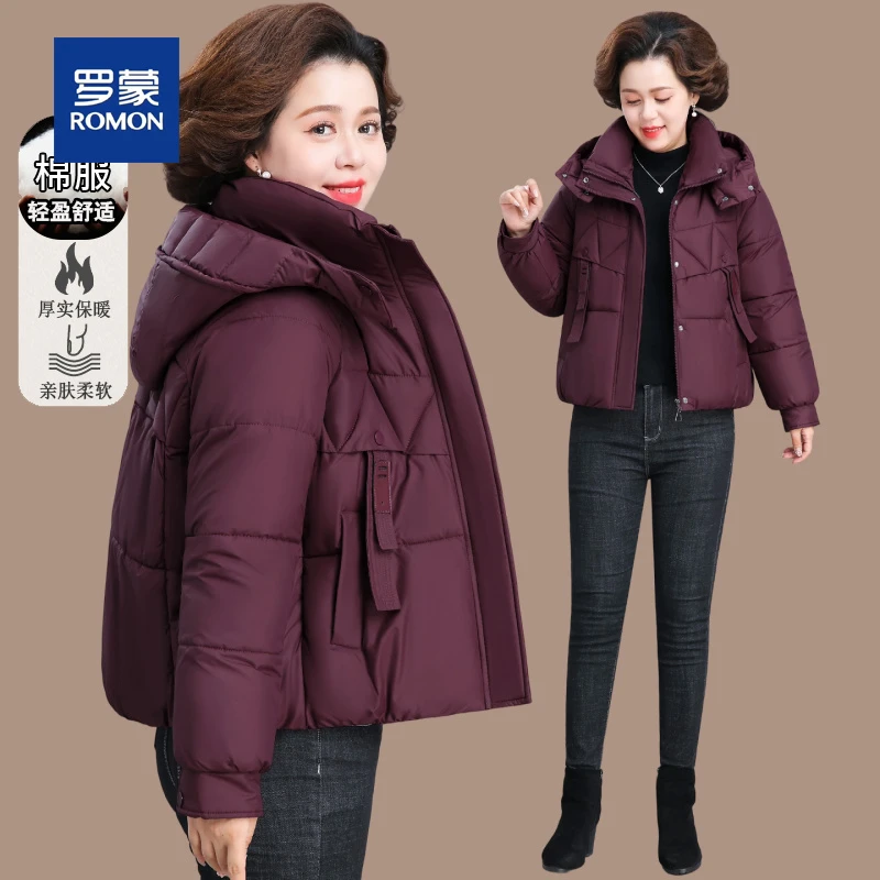 罗蒙妈妈秋冬装轻薄棉服女韩版休闲保暖短款外套中老年人宽松棉衣