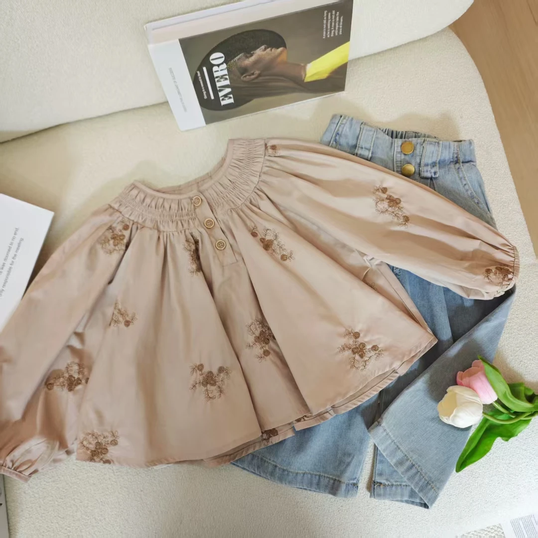 女童2025春季新款两件套粉色刺绣娃娃衫长袖宽松牛仔阔腿裤洋气潮