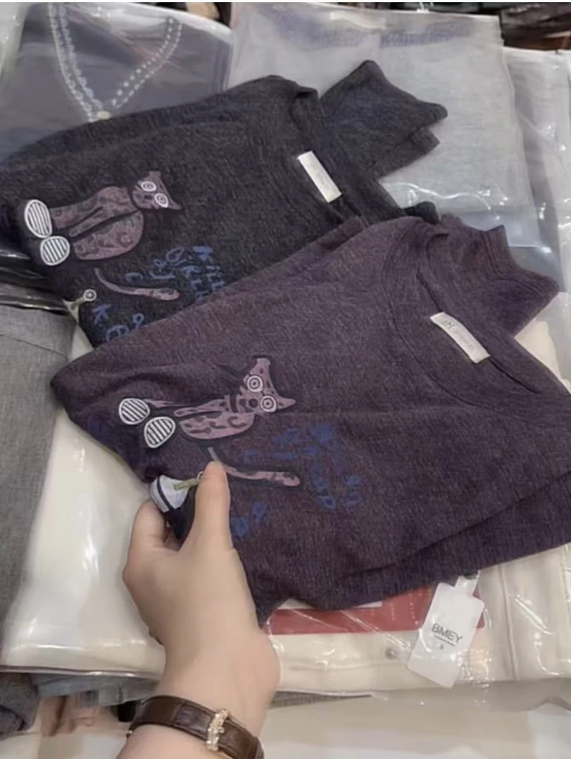 七言家新品！ins穿搭#火爆卡通花紫猫咪长袖