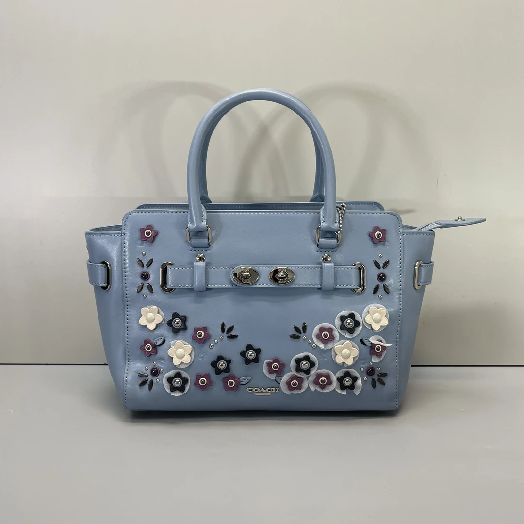 99新 COACH/蔻驰 blake花朵贴饰蓝色手提包26*18*10cmE020806