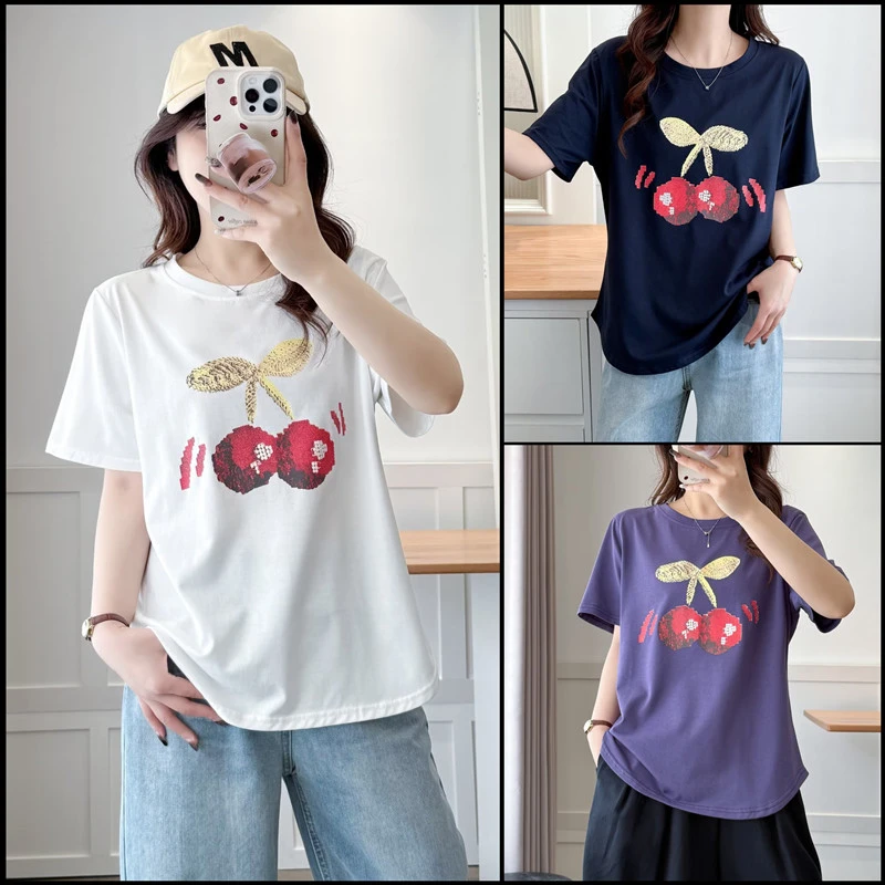 大码女装夏季新款胖mm韩版显瘦宽松短袖T恤休闲百搭印花正肩上衣
