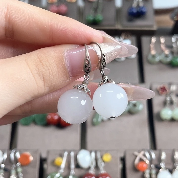 石英质玉（金丝玉）银S925镶嵌耳饰14左右