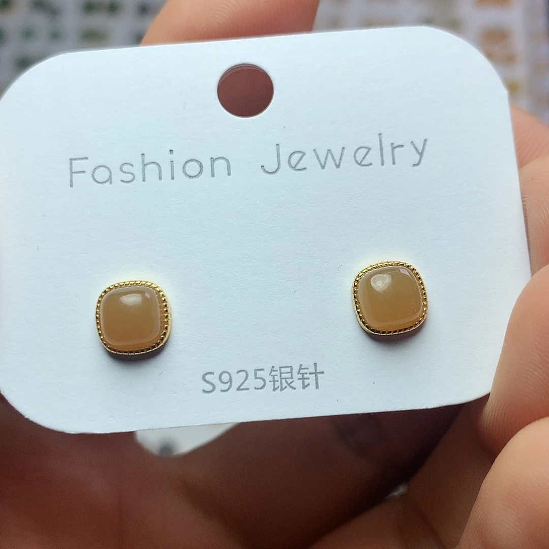 银S925镀金镶嵌和田玉（糖玉）耳饰