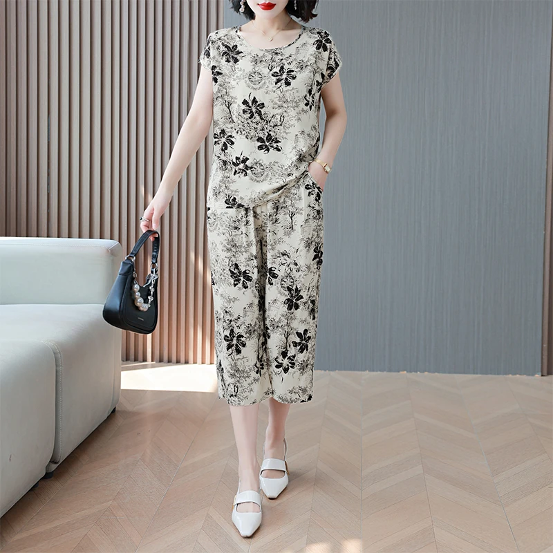 棉绸短袖套装女夏季新款时尚宽松显瘦洋气气质七分阔腿裤两件套