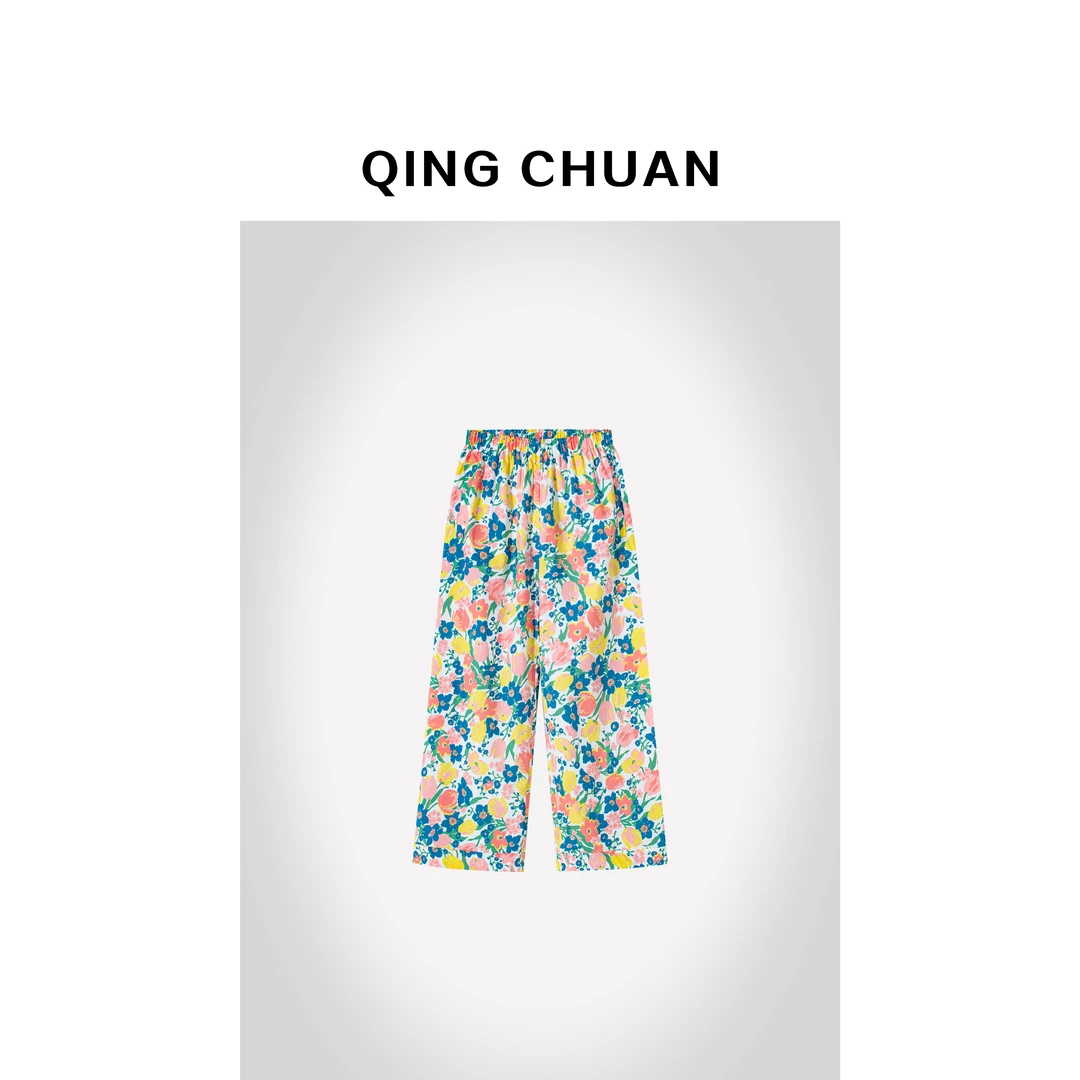 【晴川】嘉呈廓型棉纱松紧花卉拓印工艺休闲裤女 251475