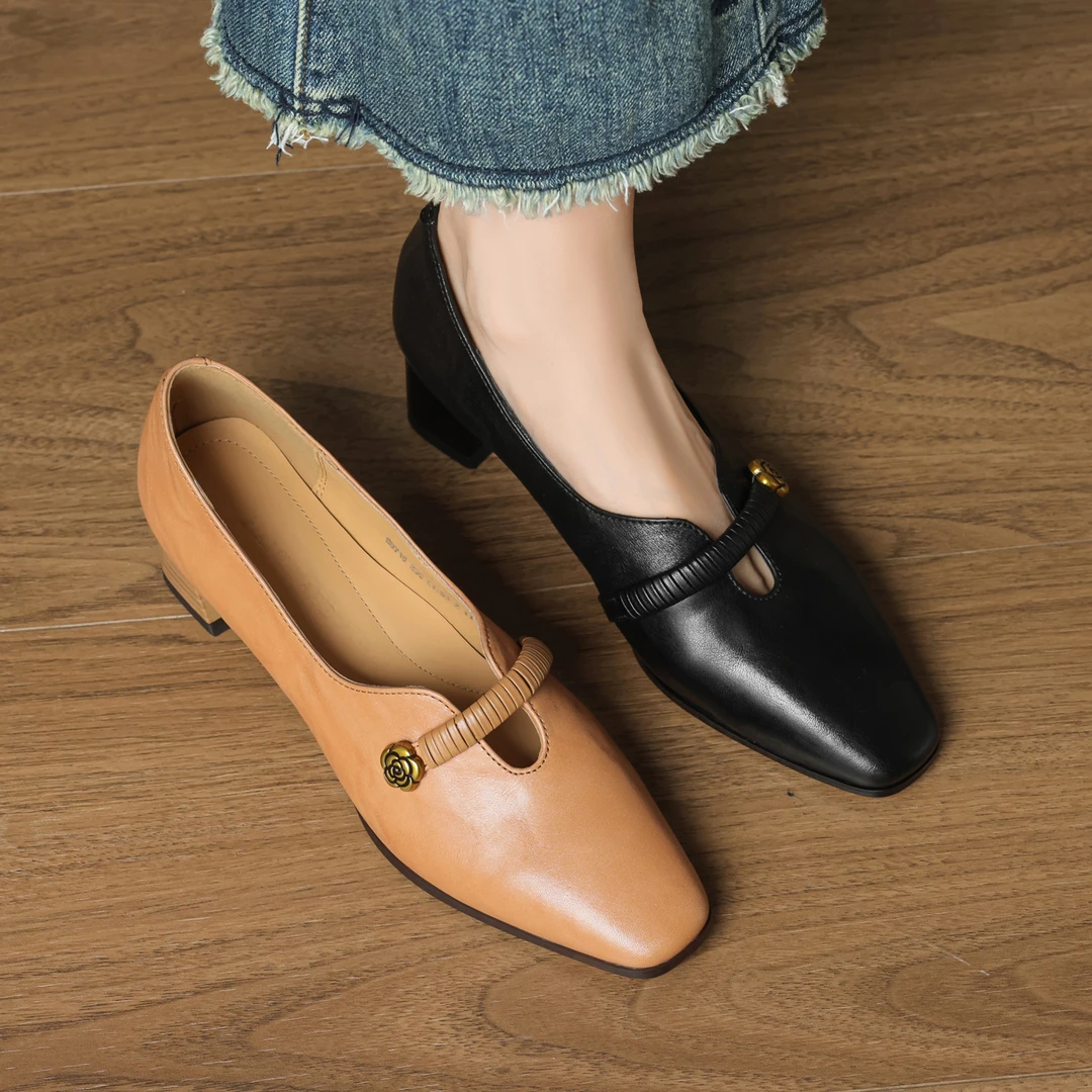 诗宝斐尔 粗跟4.5cm法式复古方头玛丽珍小皮鞋女中跟真皮通勤单鞋