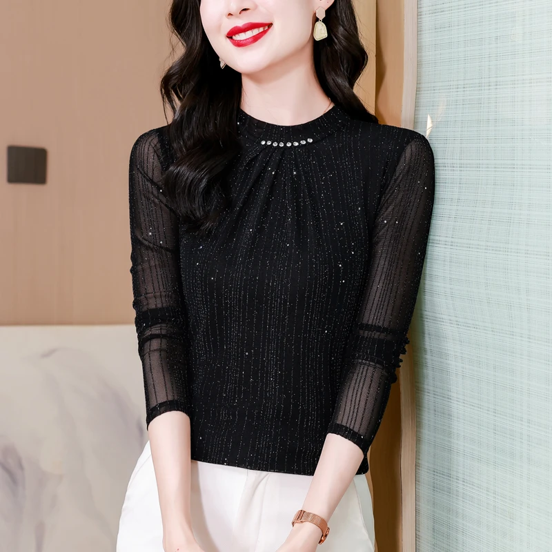 网纱加绒长袖打底衫女士秋冬气质百搭减龄上衣洋气妈妈漂亮小衫21